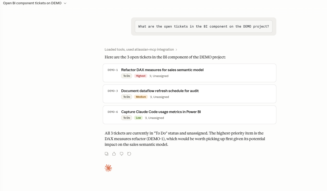 atlassian-mcp demo: Claude querying Atlassian Jira via MCP